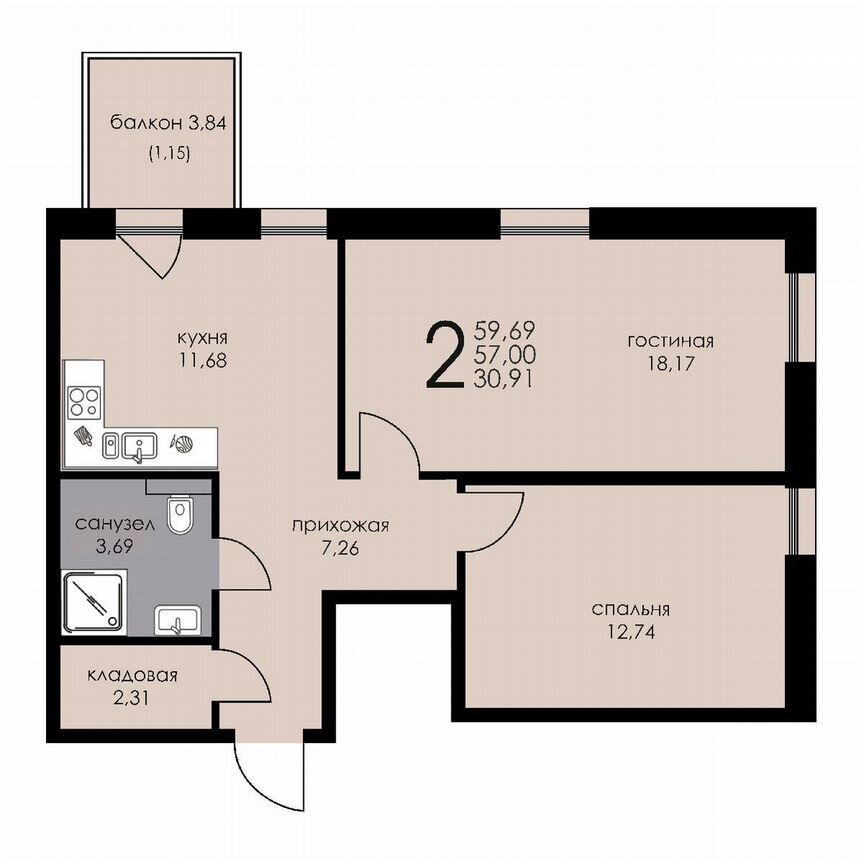 2-к. апартаменты, 57 м², 3/6 эт.