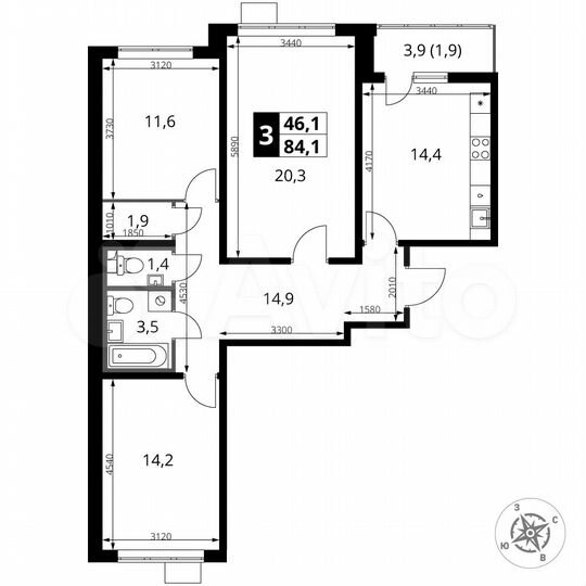 3-к. квартира, 84,1 м², 25/25 эт.