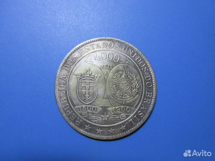 Монета 4000 рейс 1900 года. Бразилия