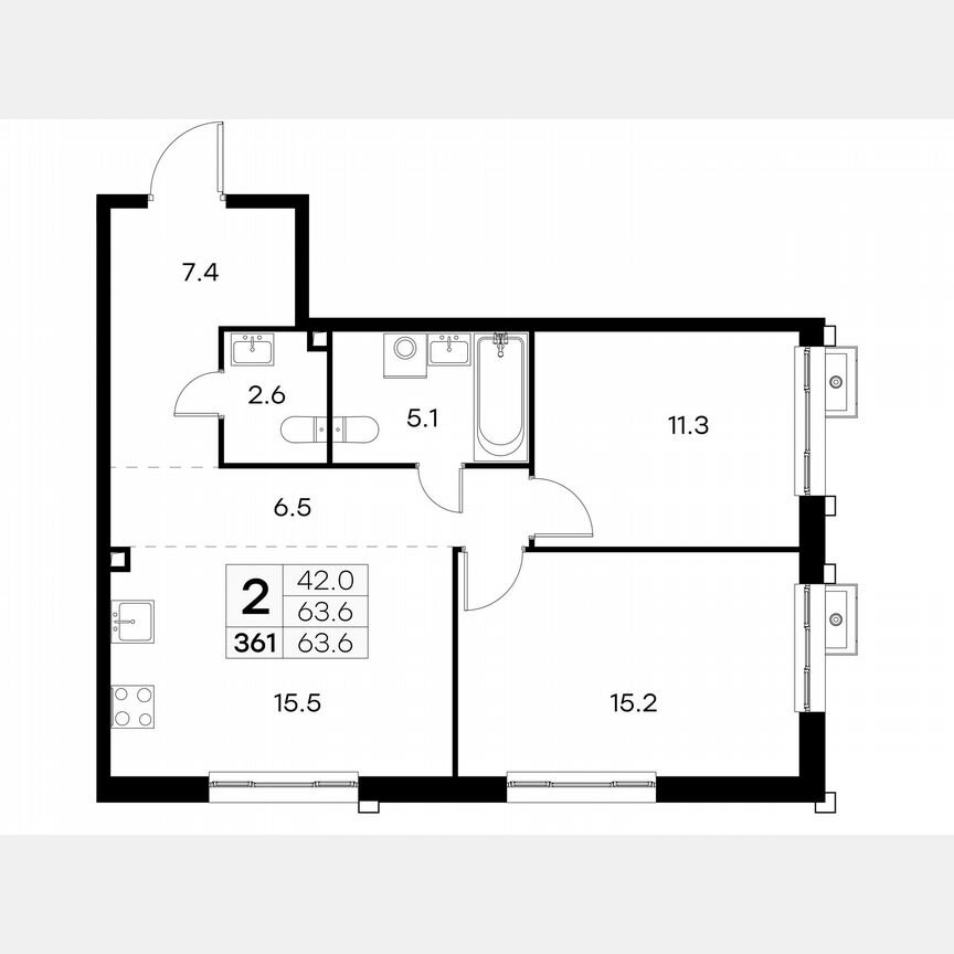 2-к. квартира, 63,6 м², 13/23 эт.
