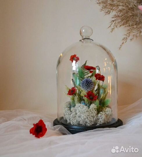 Клош стеклянный с сухоцветами и стабилиз. цветами