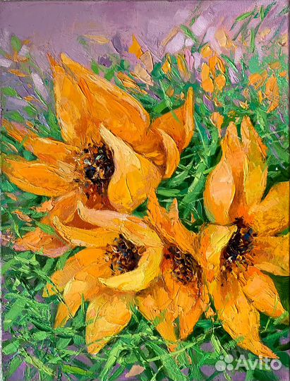 Картина маслом на холсте. Жёлтые цветы Подсолнухи
