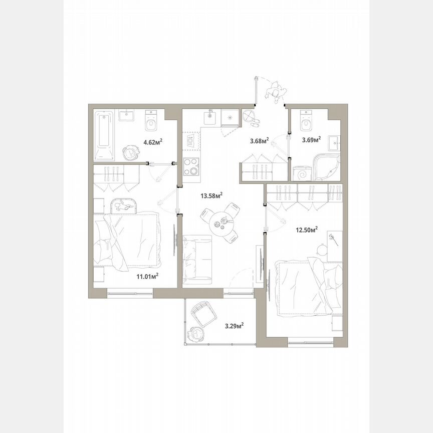 2-к. квартира, 50,7 м², 2/12 эт.