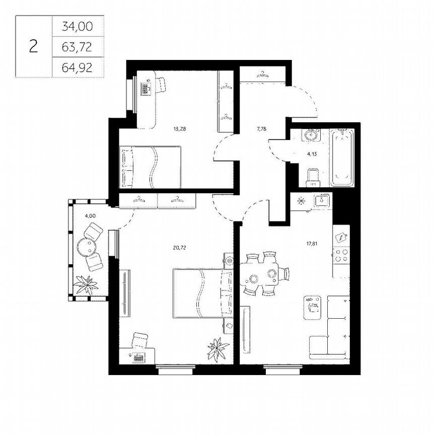 2-к. квартира, 63,7 м², 6/8 эт.