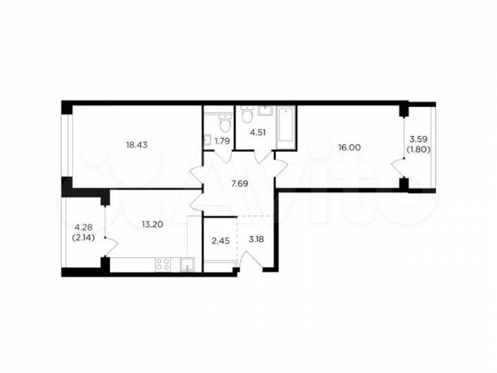 2-к. квартира, 71,2 м², 4/9 эт.