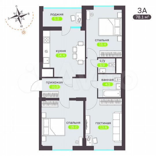 3-к. квартира, 78,1 м², 2/15 эт.