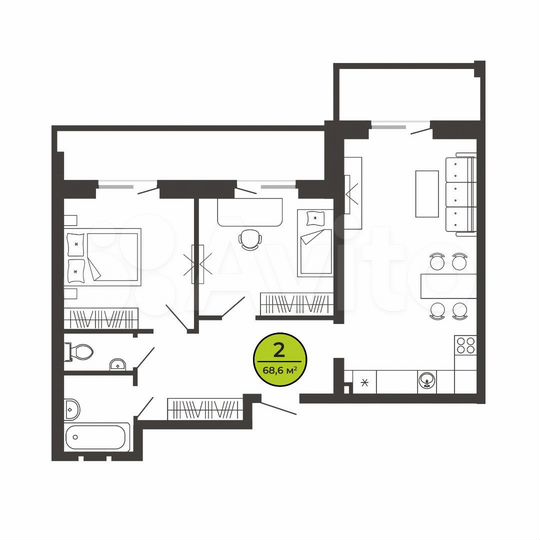 2-к. квартира, 68,6 м², 1/7 эт.