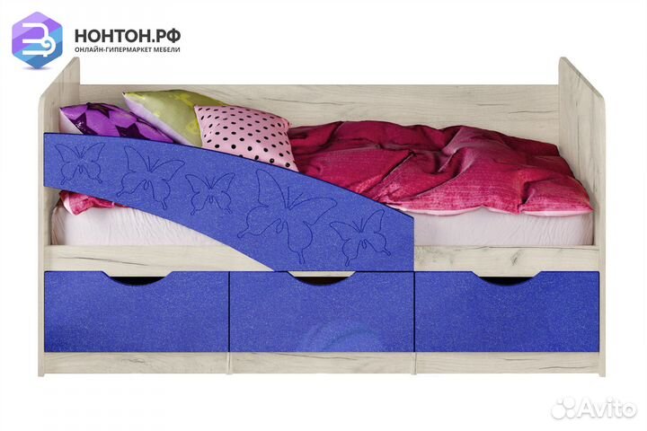 Кровать Бабочки синий металлик / дуб крафт белый