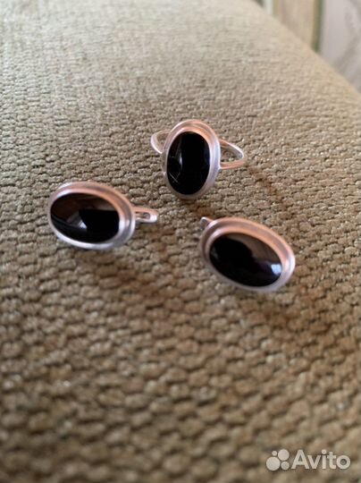 Комплект кольцо и серьги с черным ониксом