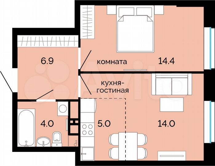 2-к. квартира, 44,3 м², 3/25 эт.