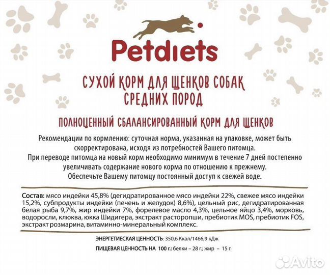 Корм для собак Petdiets для щенков средних пород купить в Новосибирске |  Животные и зоотовары | Авито