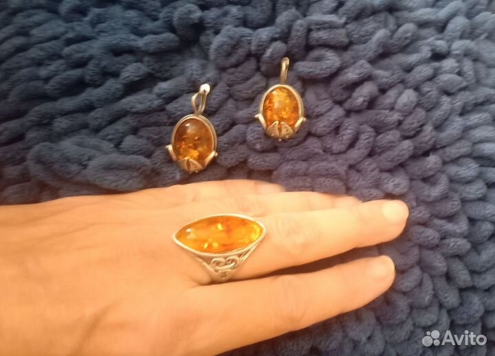 Бижутерия кольцо и серьги Комплект под янтарь