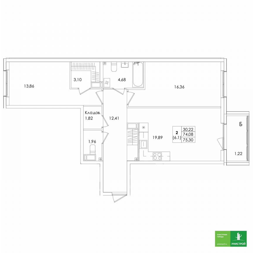 2-к. квартира, 75,3 м², 2/5 эт.