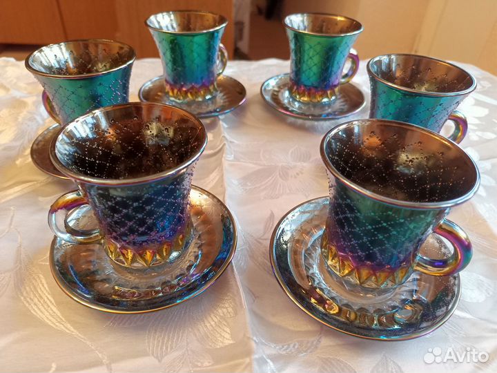 Кофейный хрустальный цветной сервиз в упаковке