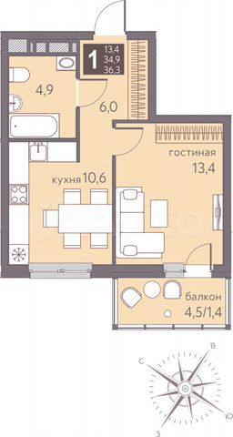 1-к. квартира, 36,3 м², 12/16 эт.