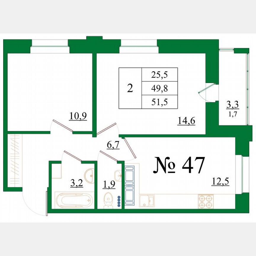 2-к. квартира, 51,5 м², 6/8 эт.