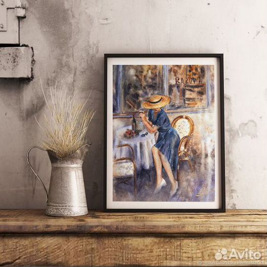Картина акварелью с девушкой в Париже