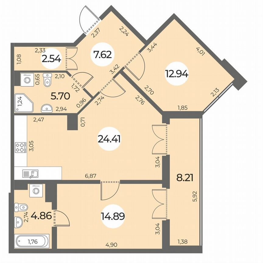 2-к. квартира, 74 м², 8/24 эт.