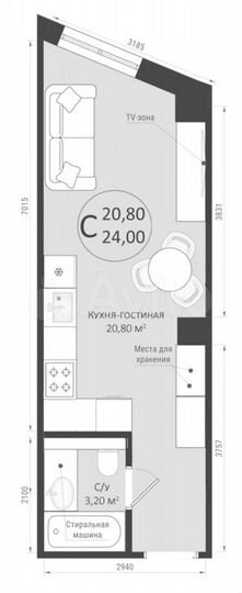 Апартаменты-студия, 24 м², 3/6 эт.