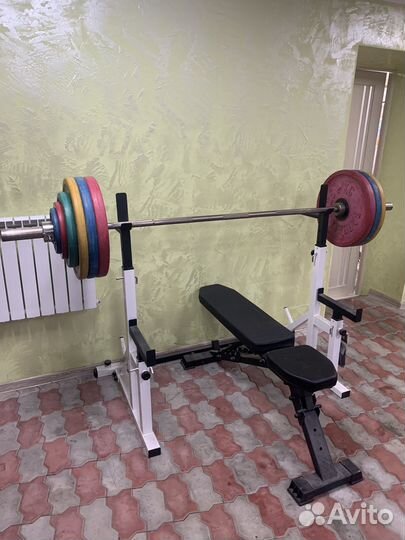 Стойка для штанги, штанга, блины, гантели