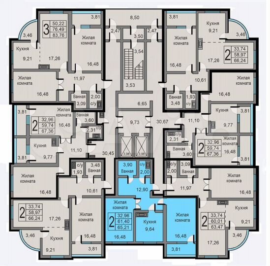 2-к. квартира, 65,2 м², 3/19 эт.