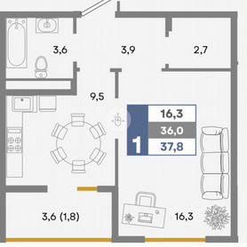 1-к. квартира, 37,8 м², 2/12 эт.