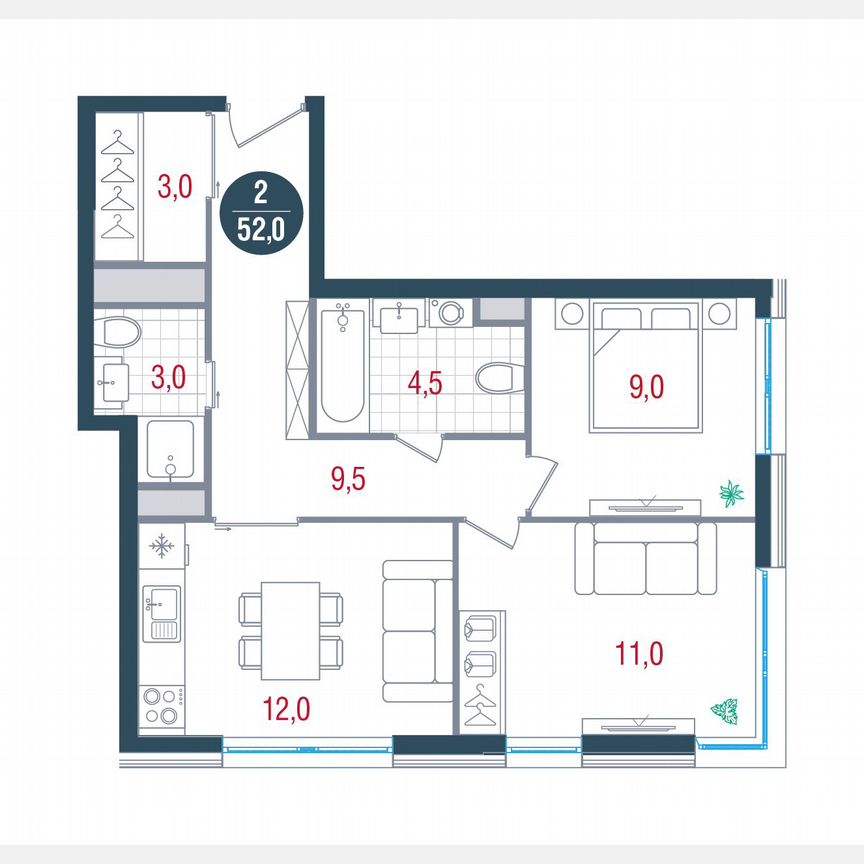 2-к. квартира, 52 м², 27/32 эт.