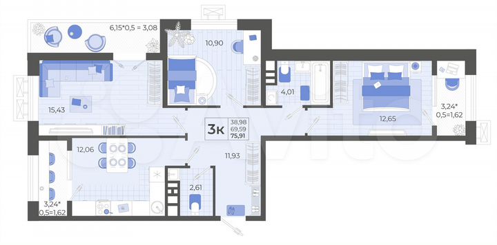 3-к. квартира, 75,9 м², 7/12 эт.