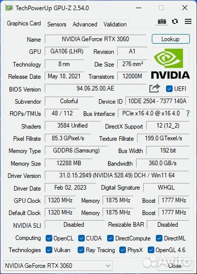 Видеокарта Colorful GeForce RTX 3060 12gb LHR