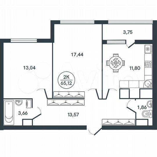 2-к. квартира, 65,1 м², 5/17 эт.