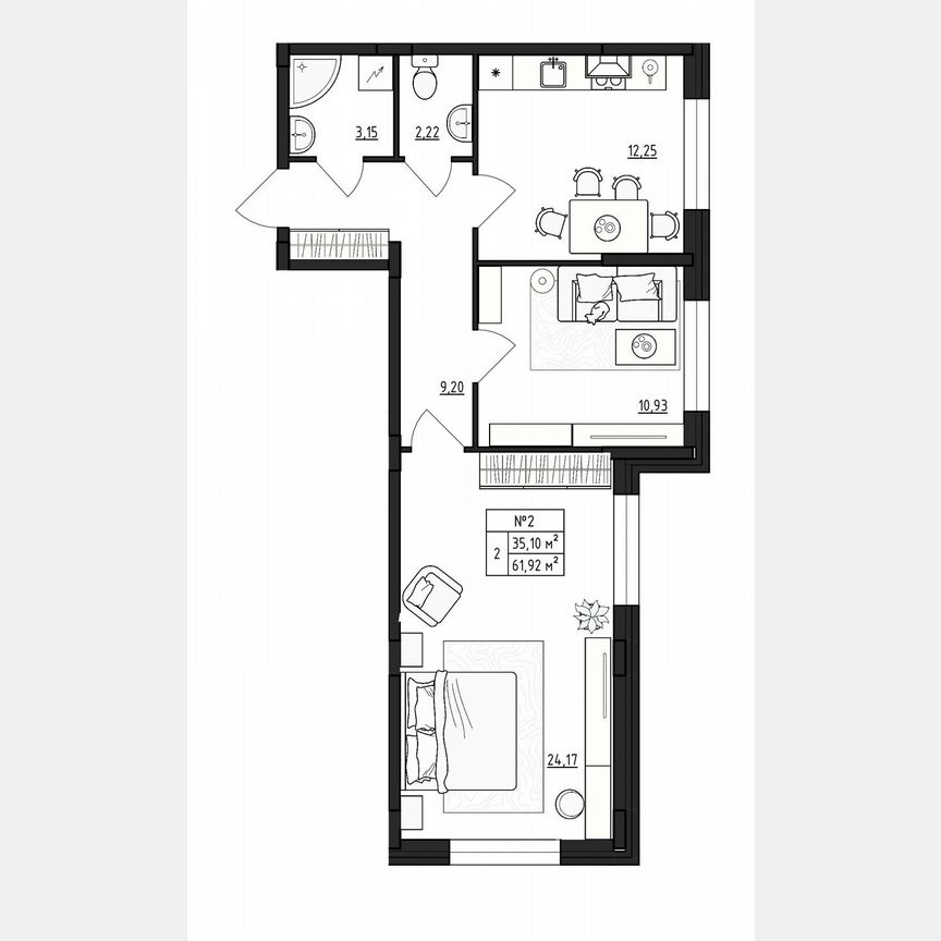 2-к. квартира, 61,9 м², 1/4 эт.