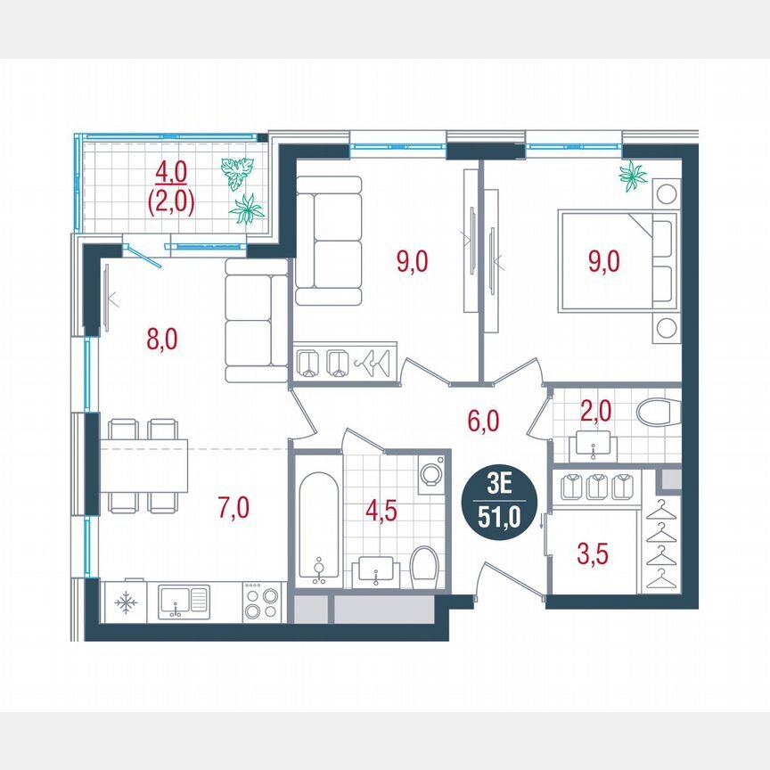 2-к. квартира, 51 м², 26/32 эт.