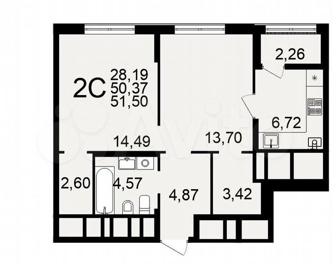 2-к. квартира, 51,5 м², 10/26 эт.