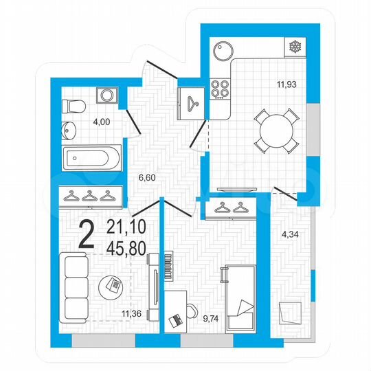 2-к. квартира, 45,8 м², 1/21 эт.
