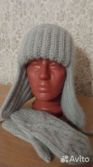 Шапка ушанка и варежки вязаные из мохера премиум