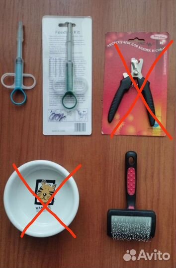 Когтерез, таблеткодаватель, щетка, миска для кошек