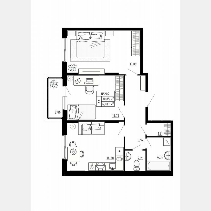 2-к. квартира, 63,1 м², 2/4 эт.