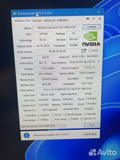 Видеокарта Asus gtx 1060 3Gb