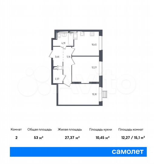2-к. квартира, 53 м², 3/17 эт.