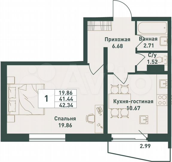 1-к. квартира, 42,3 м², 9/16 эт.