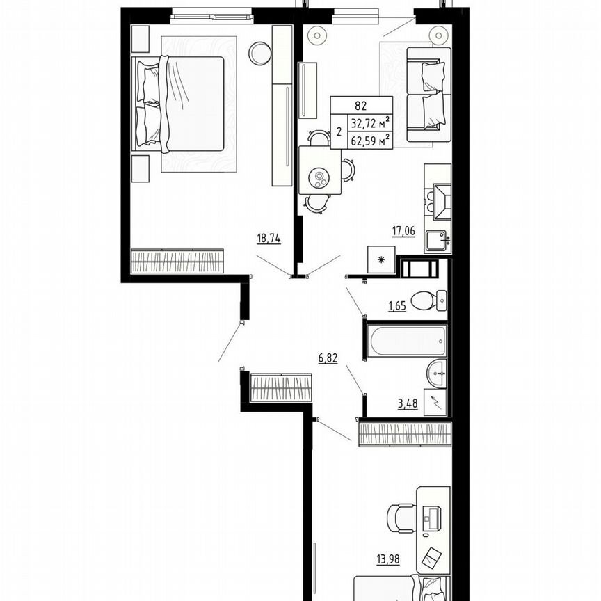 2-к. квартира, 62,6 м², 4/4 эт.