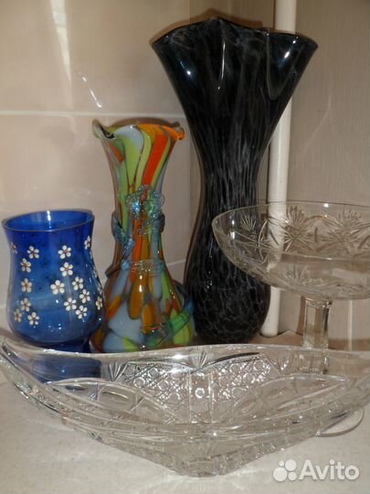 Ваза цветное стекло, хрусталь, графин, рюмки СССР