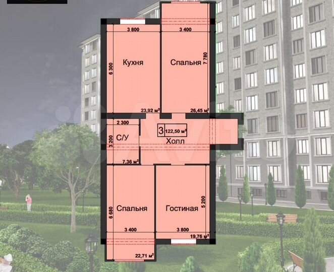 3-к. квартира, 122,5 м², 6/10 эт.