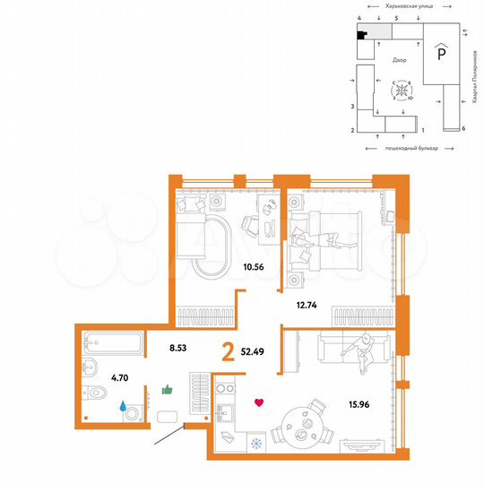 2-к. квартира, 52,5 м², 12/25 эт.