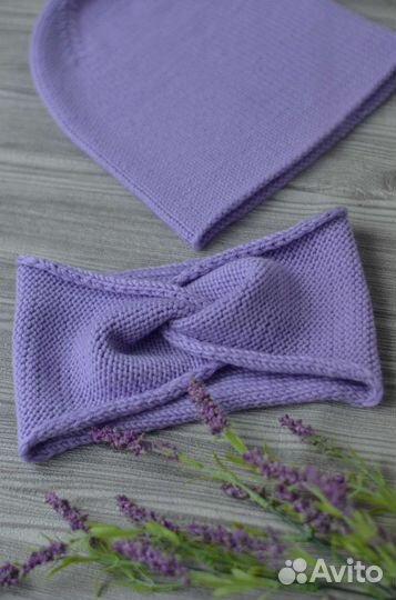 Вязаный комплект на весну, берет, повязка, митенки
