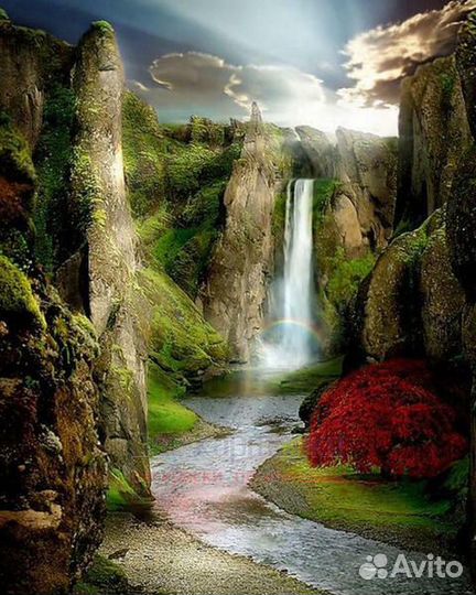 Алмазная мозаика 40x50 Прекрасный водопад в солнеч