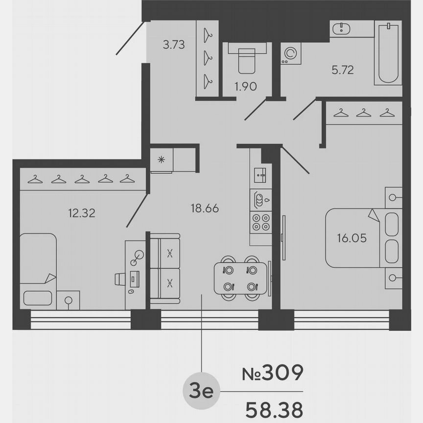 2-к. квартира, 58,4 м², 21/22 эт.