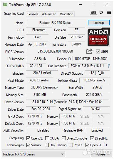 Asrock RX 570 Phantom Gaming D OC 8GB 256bit gddr5