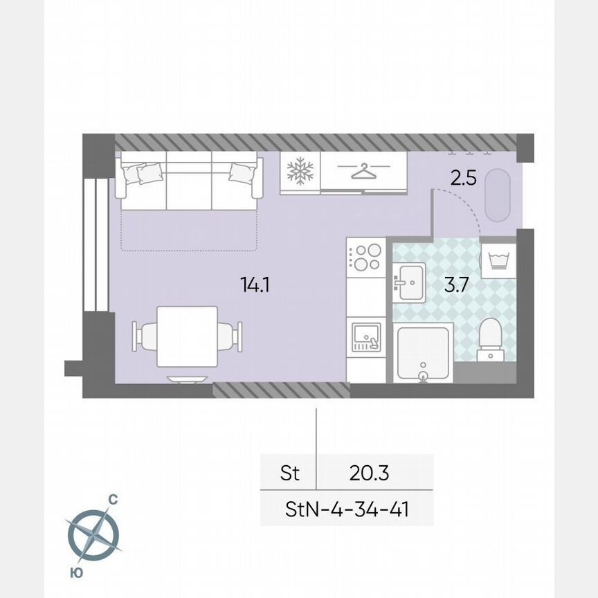 1-к. квартира, 20,3 м², 37/43 эт.