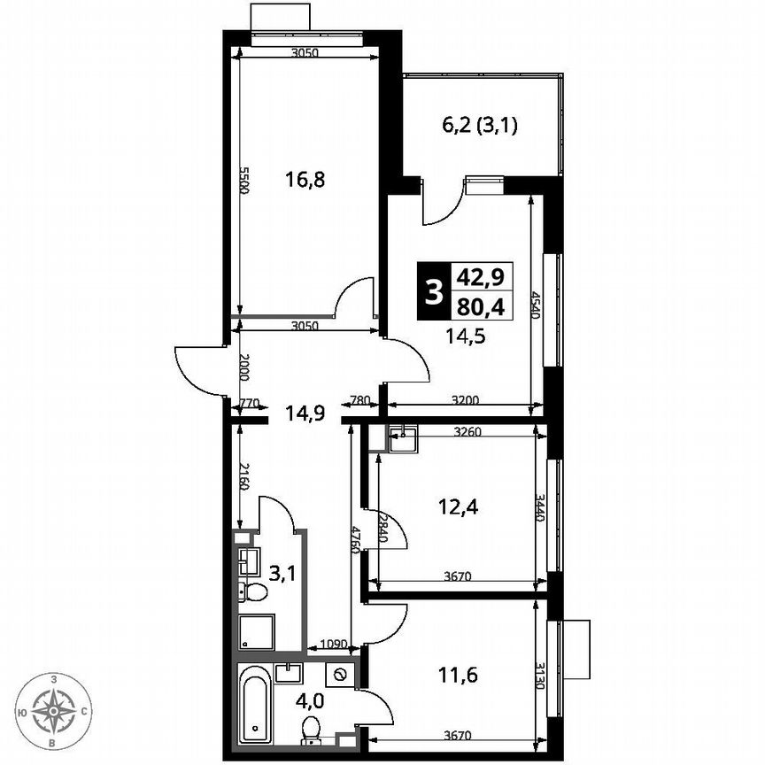 3-к. квартира, 80,4 м², 10/12 эт.